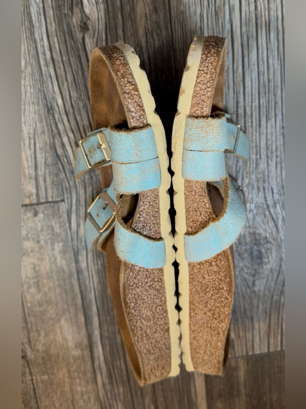 Birkenstock Light Blue Cross-Strap Sandals with Gold Buckles Size 39 - Picture 3 of 5